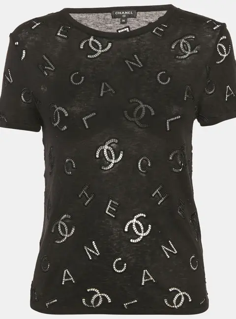Chanel Black CC Logo Embroidered Eyelet Cotton Blend Short Sleeve T-Shirt S