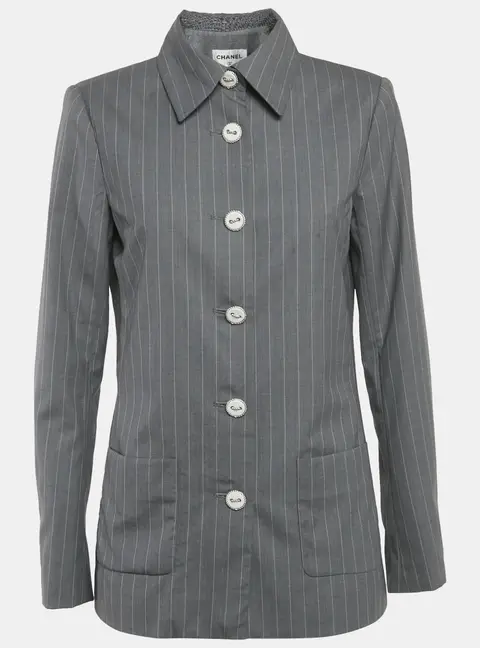 Chanel Grey Striped Wool Jacket M