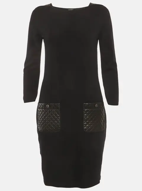 Chanel Black Leather Trim Cashmere Mini Dress M