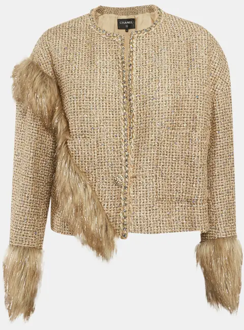 Chanel Beige/Gold Tweed Faux Fur Trim Jacket M