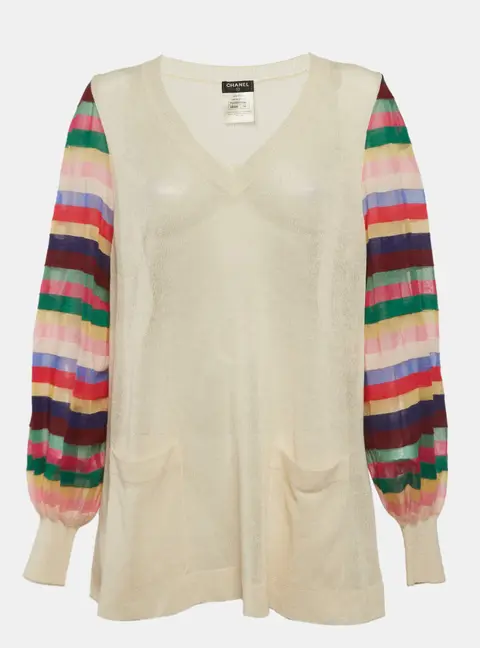 Chanel Beige Silk Knit V-Neck Sweatshirt L