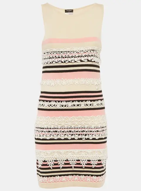 Chanel Pink Striped Knit Lace Trim Mini Dress S