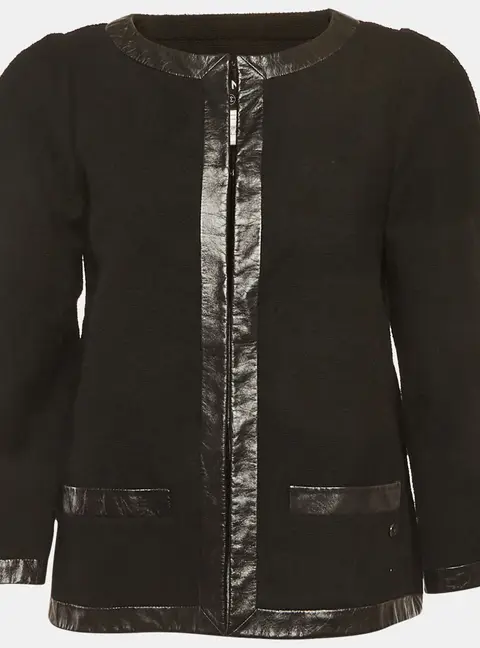 Chanel Black Tweed Leather Trim Jacket M