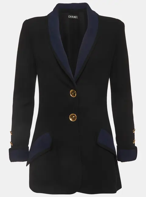 Chanel Vintage Black Crepe Button Front Blazer M