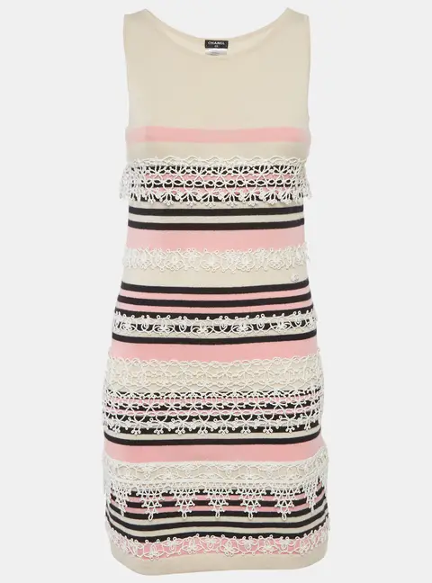 Chanel Pink Striped Lace Insert Cashmere Knit Dress S
