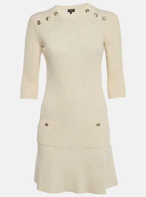 Chanel Cream Rib Knit Crew Neck Mini Dress S