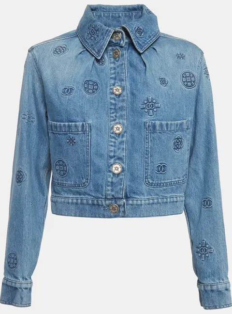 Chanel Blue Logo Patterned Denim Jacket S