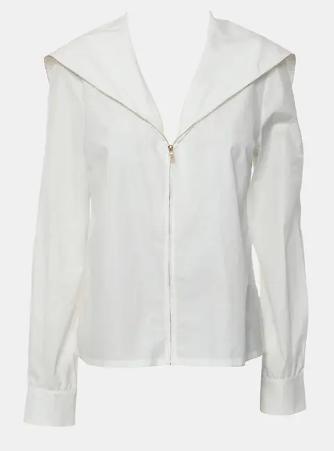 Chanel 18A Rhinestone Buttons Sailor-Collar Zip-Up Cotton Shirt Jacket