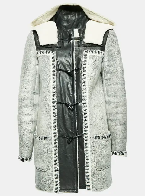Chanel Black Shearling and Leather Hooded Duffle Coat M