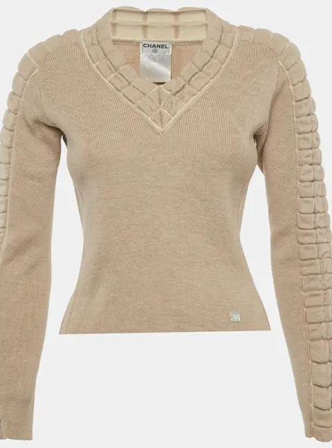 Chanel Beige Wool Knit V-Neck Sweater M