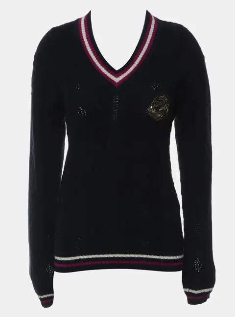 Chanel Cashmere Dark Blue Embellished V-Neck Knit Sweater FR 38