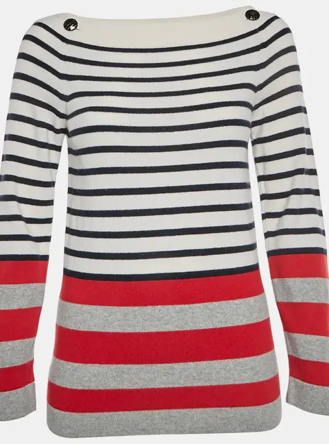 Chanel White Striped Cashmere Knit Sweatshirt S