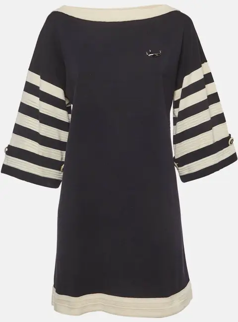 Chanel Navy Blue Striped Knit Brooch Sailor Tunic Dress S