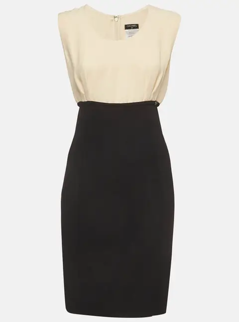 Chanel Beige/Black Silk Crepe and Knit Midi Dress M