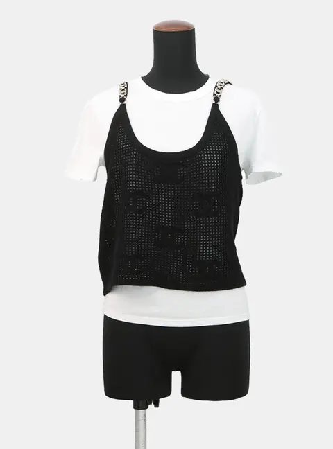 Chanel Camisole T-Shirt Size M Black/White Cotton100% Cashmere100% Rhinestone