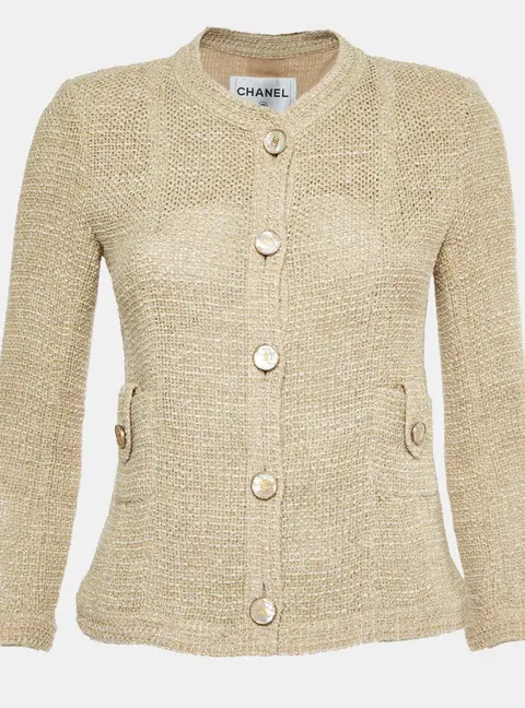Chanel Beige Tweed Button Up Jacket M