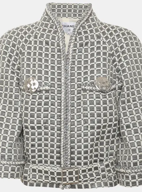 Chanel Grey/White Lurex/Glitters and Nylon Belted Blazer M