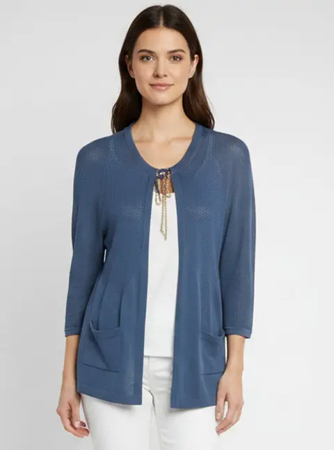 Chanel Blue Cotton Knit Open Front Cardigan L