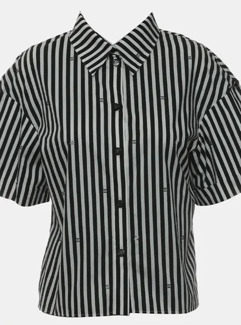 Chanel CC Crystal Embellished Stripes Stretch Poplin Blouse