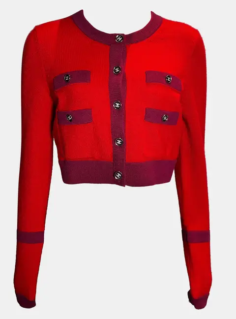 Chanel 23B Red Cropped Contrast Cardigan M