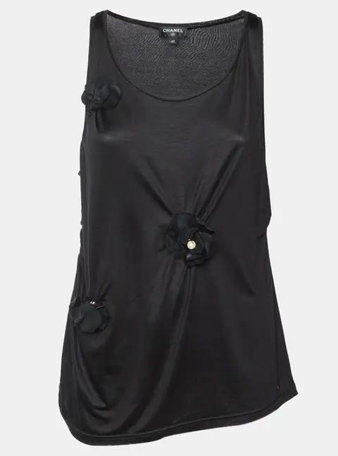 Chanel Black Floral Applique Jersey Tank Top M