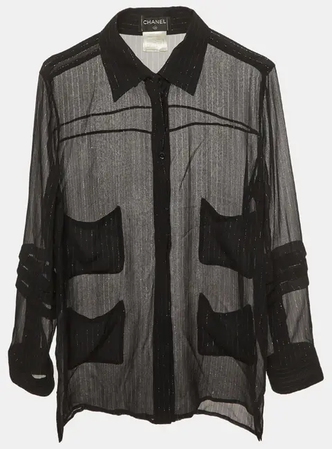 Chanel Black Silk Metallic Stripes Silk Blend Sheer Shirt M