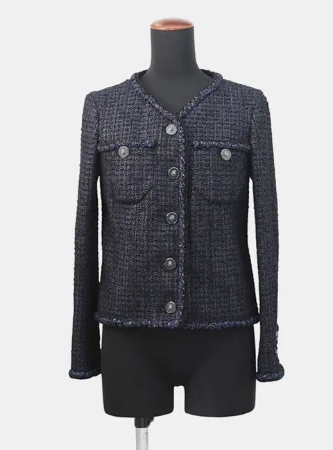 CHANEL Lion Button Collarless Jacket 34 Navy Tweed Outerwear