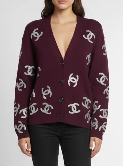 Chanel Burgundy Logo Appliqu&eacute; Cashmere Knit Cardigan S