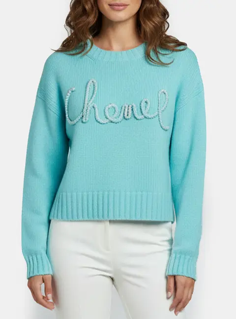 Chanel Turquoise Logo Embellished Cropped Sweater M