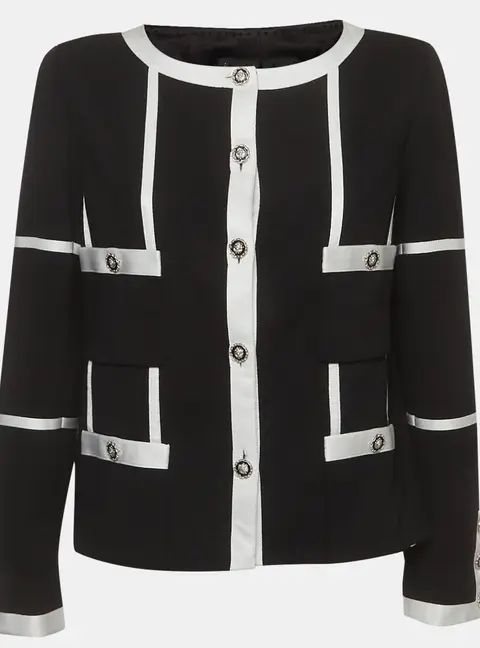 Chanel Black/White Wool and Satin Contrast Jacket L