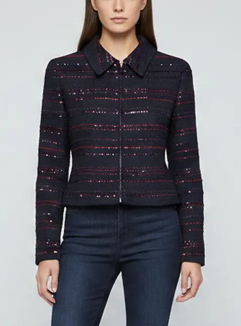 Chanel Navy Blue Sequin Embellished Tweed Cropped Jacket S