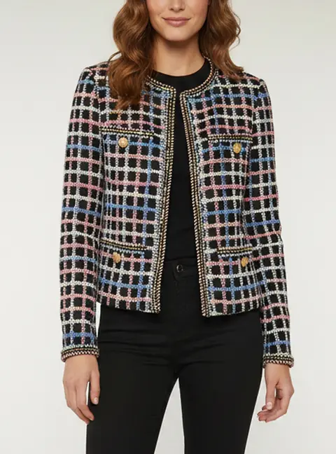 Chanel Black Checkered Multicolour Tweed Long Sleeve Jacket M