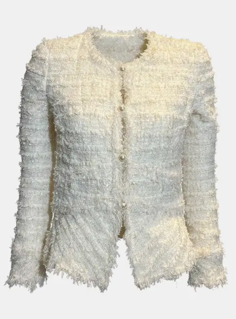 Chanel 05P Cream Tweed and Silk Sequin Jacket FR 36