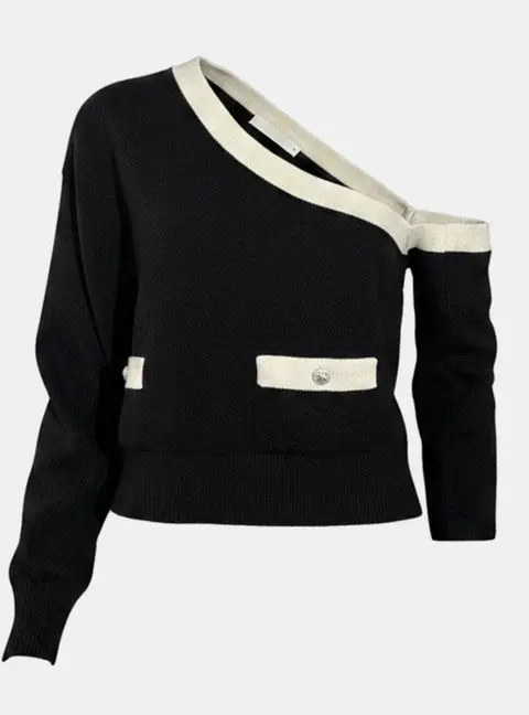 Chanel Black/White Cashmere One off Shoulder Knit Toga Top Size M