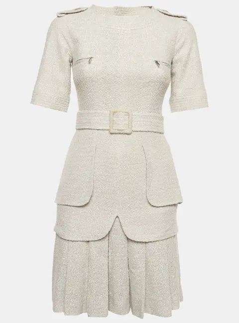 Chanel Grey Tweed Short Sleeve Pleated Mini Dress S