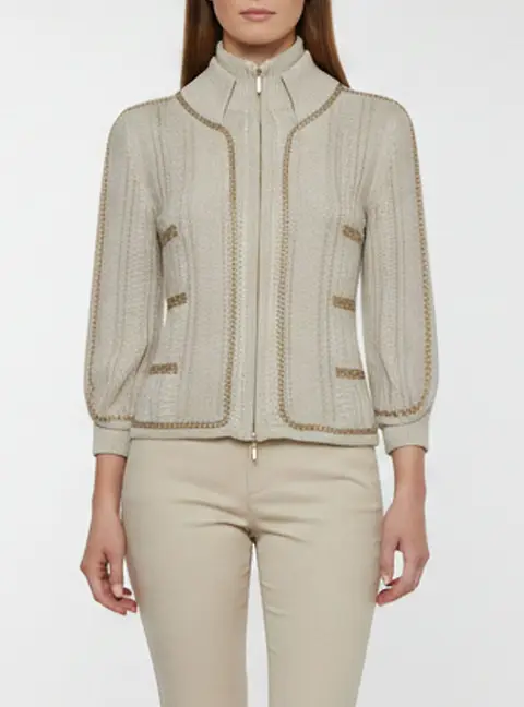 Chanel Beige/Gold Cable Knit Chain Trim Zip-Up Cardigan M