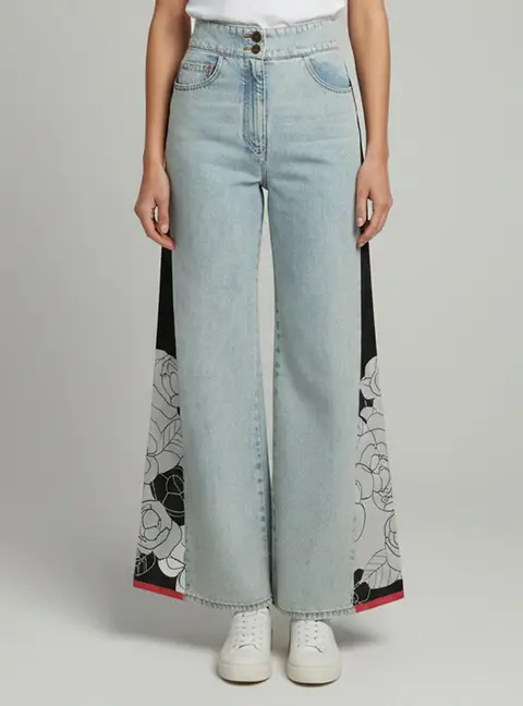 Chanel Blue Camellia Print Flared Leg Jeans M/Waist 28"