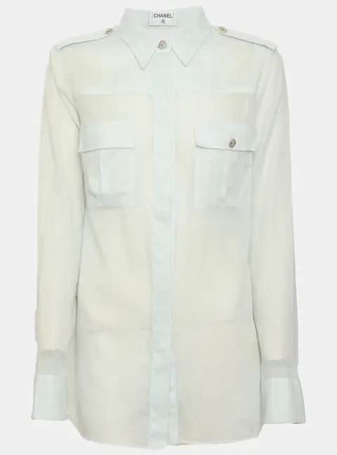 Chanel Light Turquoise Gauze CC Button Long Sleeve Shirt M