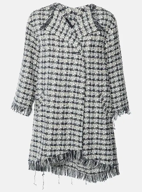 Chanel Navy Blue Houndstooth Tweed Fringe Oversized Coat M
