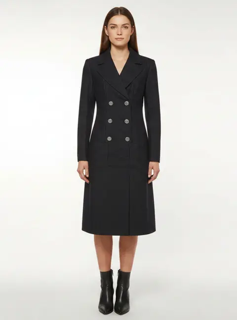 Chanel Navy Blue Metallic Wool Blend Double Breasted Dress M