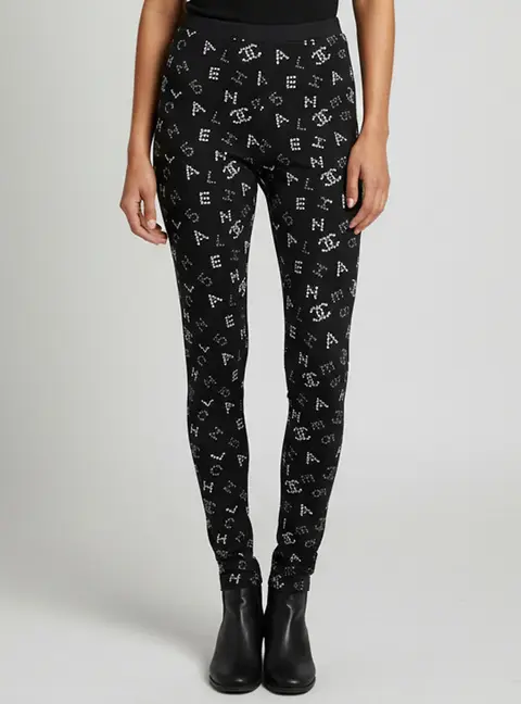 Chanel Black Lesage Letter Print Neoprene Leggings M