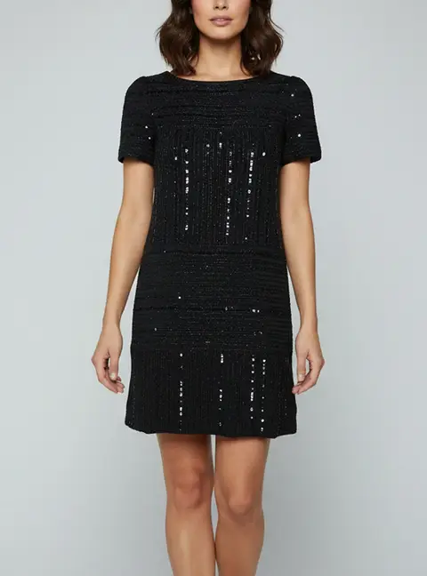 Chanel Identification Black Striped Sequin Tweed Mini Shift Dress M