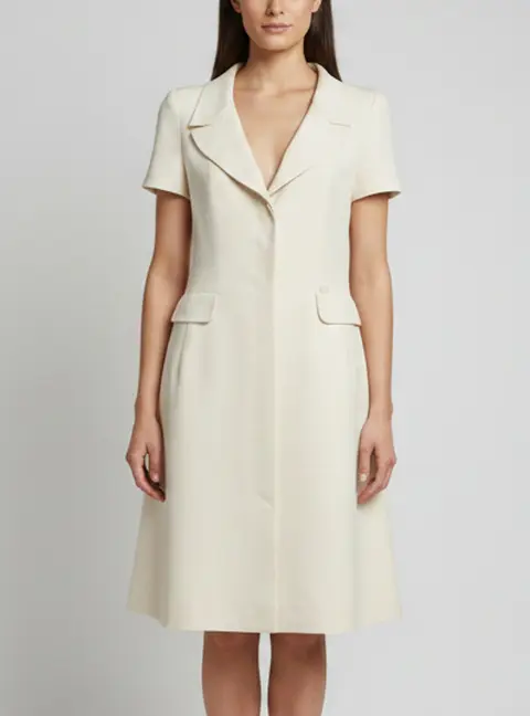 Chanel White Textured Silk Structured Lapel Collar Midi Dress L