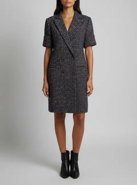 Chanel Navy Blue Double Breasted Tweed Short-Sleeve Dress L