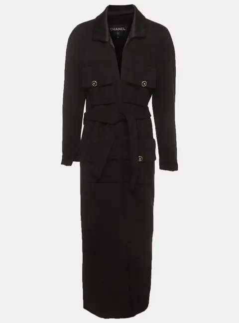 Chanel Black Wool Long Sleeve Belted Coat M