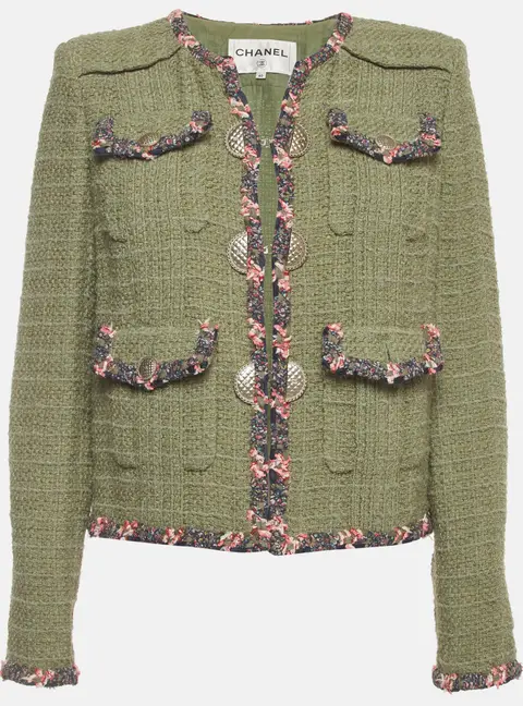 Chanel Khaki Green Tweed Contrast Trimmed Jacket M