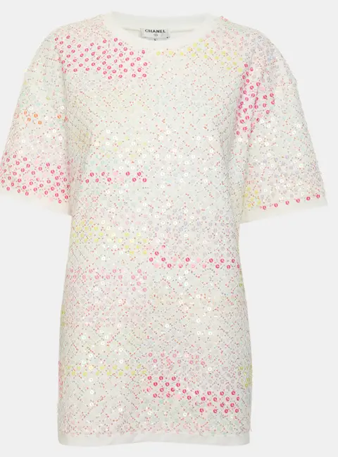 Chanel White Jersey Sequin Emroidered T-Shirt S