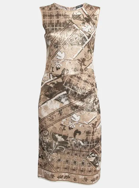 Chanel Beige & Gold Jacquard Knit Button Detail Sleeveless Dress M