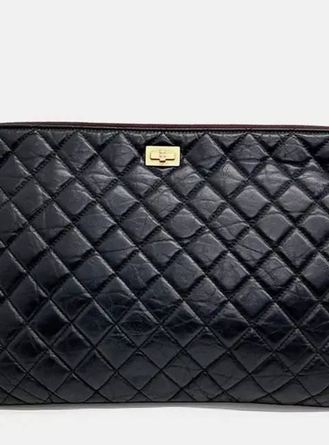 Chanel Vintage 2.55 Large Black Aged Calfskin Leather Clutch Bag