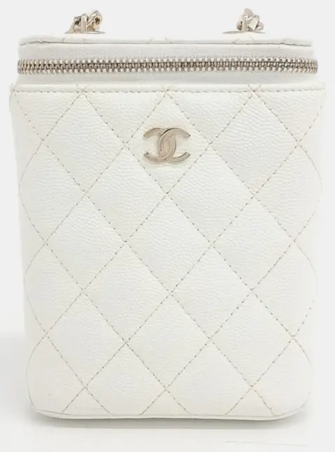 Chanel Small Vertical Classic Vanity Case White Quilted Caviar Grained Calfskin Leather Crossbody Bag